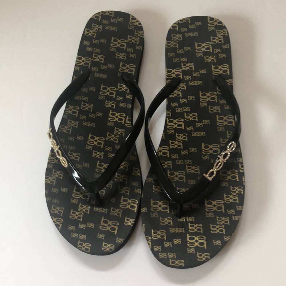 bebe Black Slim Crystal Logo Flip Flops - Picture 2 of 6